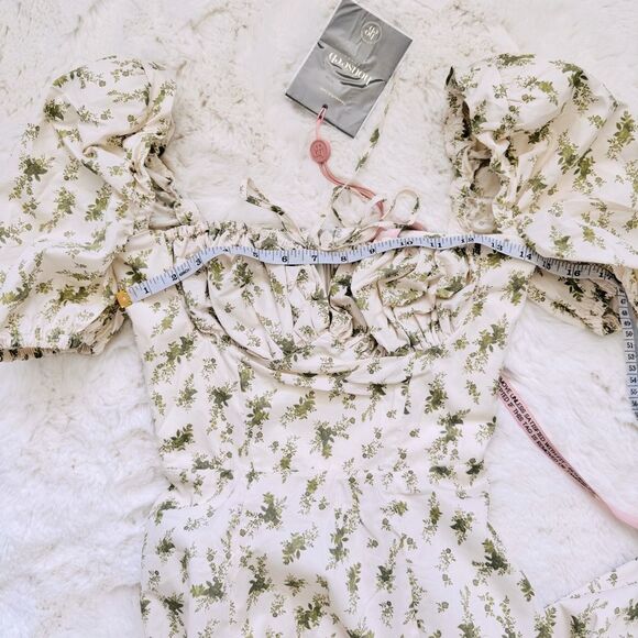 House of CB Puff Sleeve Midi Sundress XS - Garden Print Cream Green - Picture 6 of 8